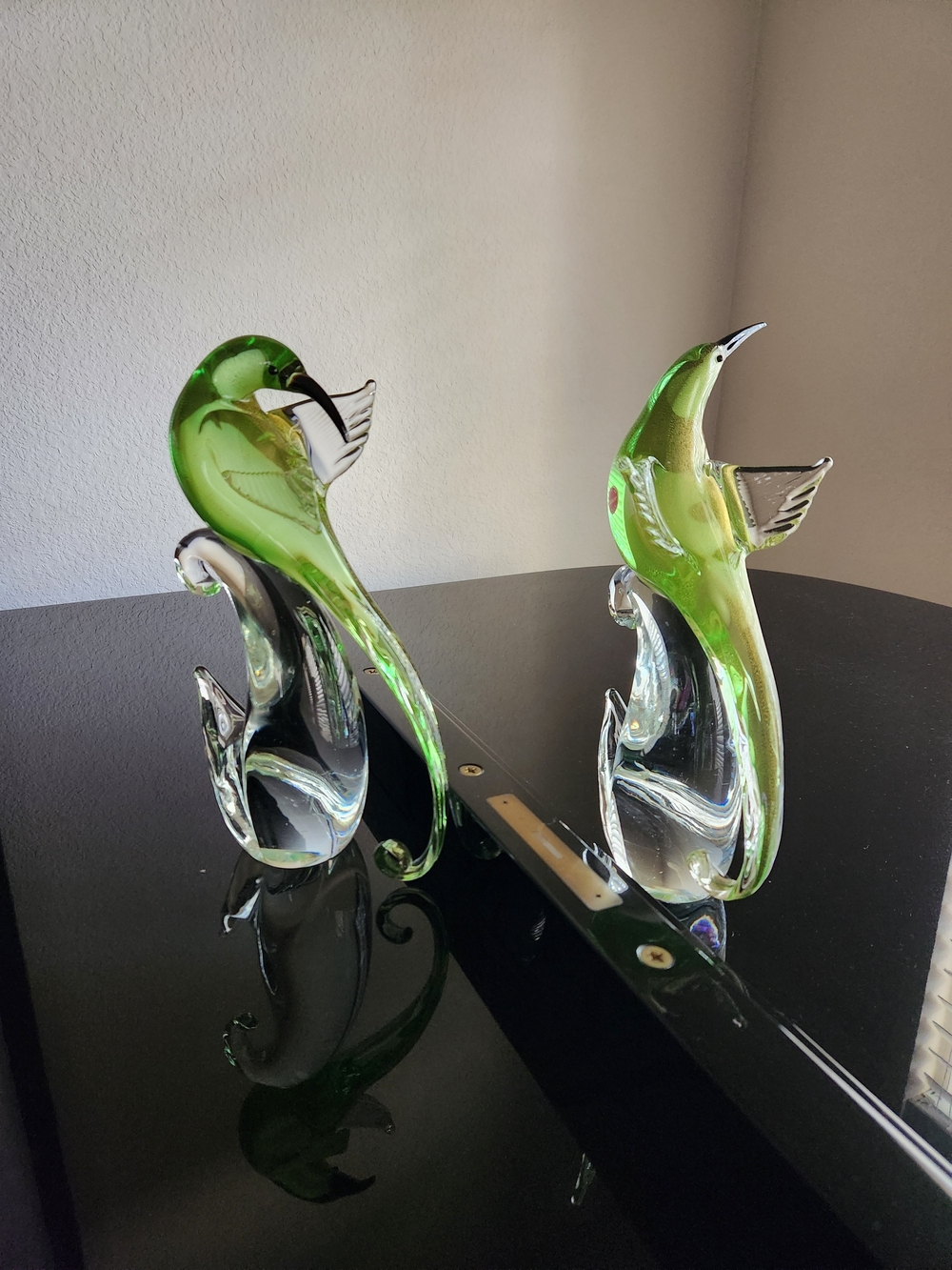 Rare Pair Vintage Formia Murano Glass Birds of Paradise – Green/ Gold Aventurine
